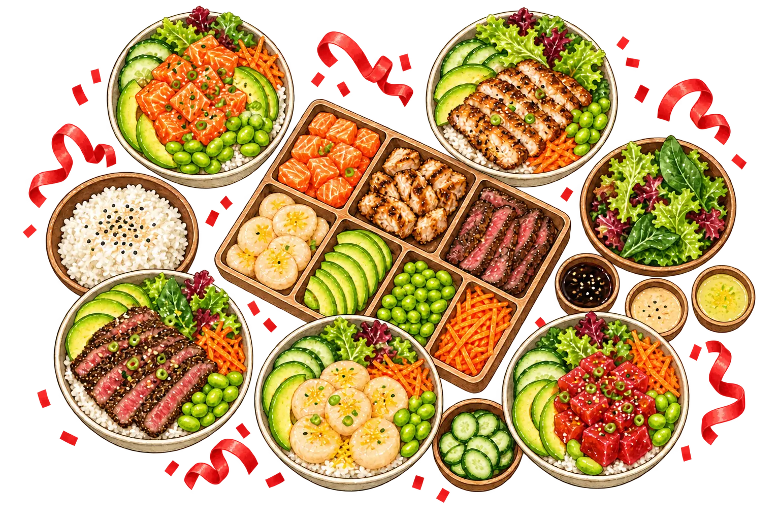 Illustrated HANI catering spread with colourful poke bowls, shared ingredients and party streamers